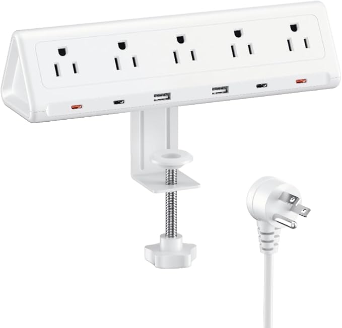 6.5 FT Desk Clamp Power Strip with 5 AC Outlets & 6 USB Ports PD 40W USB-C Fast Charging, 1250J Surge Protector, Fits 2.6 in top Edge White
