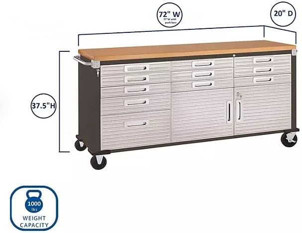 Heavy Duty 8-Piece Steel Garage Cabinet Storage Set with Rolling Workbench, 12 Feet Wide (Graphite)