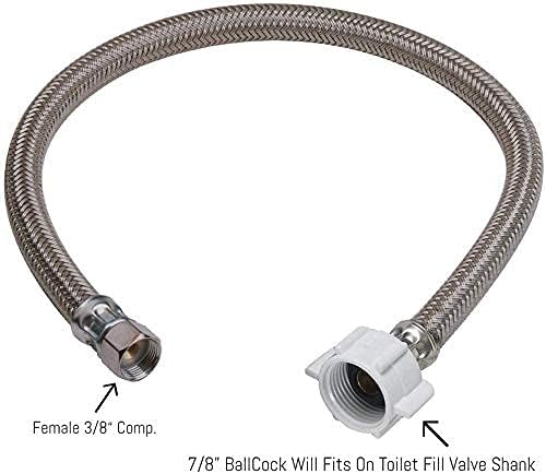 EZ-Fluid 12“ Toilet Water Supply Line Connector, Braided Stainless Steel - 3/8“ Female Compression Thread x 7/8” Female Ballcock Thread 12-Inch Toilet Water Connectors Hose (1-PACK)