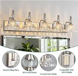 Vintage Bathroom Vanity Light, 5-Light Brushed Nickel Vanity Lighting Fixture with Flower Glass Shade, Bathroom Lighting Fixtures Over Mirror