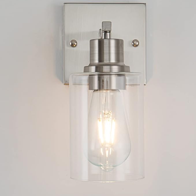 EMONG Brushed Nickel Bathroom Light Fixtures, 1-Light Vanity Lights with Clear Glass Shade, Wall Sconces for Hallway, Farmhouse, Living Room, Kitchen