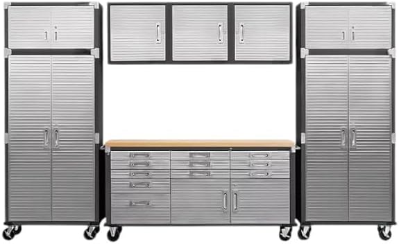 Heavy Duty 8-Piece Steel Garage Cabinet Storage Set with Rolling Workbench, 12 Feet Wide (Graphite)