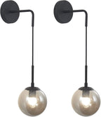 KCO Lighting Black Glass Globe Wall Sconce Set of 2 Farmhouse Industrial Wall Lamp with Adjustable Cord Mid Century Modern Wall Mount Reading Light for Bathroom Mirror Bedside Stairs (Smoke Grey)