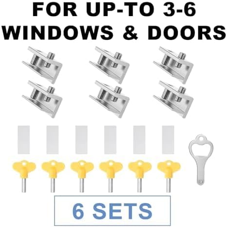 Sliding Window Locks,for Horizontal Sliding Windows,Window Security Lock with Key,Adjustable Aluminum Easv to Install Window Stopper,Window Locks for Up and Down Windows (6 Sets Silver)