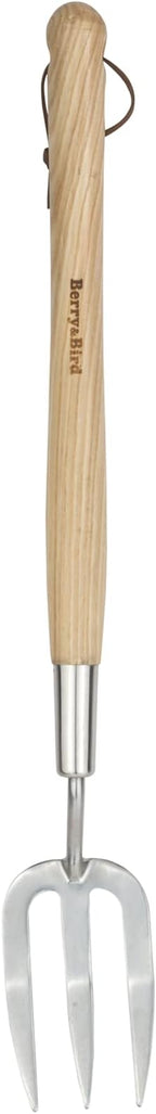 Berry&Bird Gardening Hand Fork, 22.6 Inches Long Handled Stainless Steel Weed Fork, Traditional Garden Hand Fork Tool with Ergonomic Ash Wood Handle for Weeding, Digging, Planting and Cultivating
