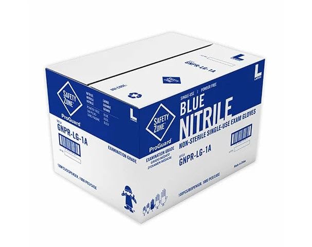 The Safety Zone GNPR-LG-1A Powder Free Blue Nitrile Gloves, Larege, Case of 1,000