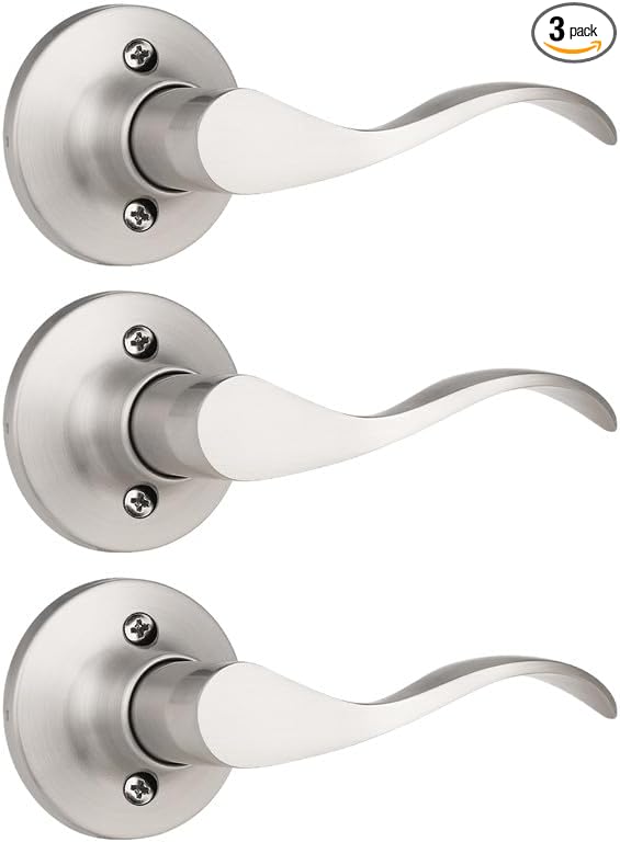 Mengico 3 Pack Satin Nickel Dummy Door Lever, Single Right Side Door Handle for Closets, Non-Turning Pull Only Lever Set, Wave Style Interior Door Knob