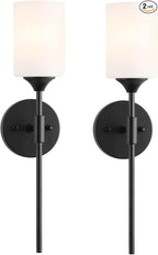 Mid Century Modern Wall Lamp 2 Pack with White Cylinder Glass Shades Matte Black Wall Sconce Bathroom Vanity Lighting Industrial Farmhouse Wall Light Fixtures for Mirror Bedroom Living Room