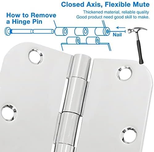 6 Pack Round Door Hinges 3-1/2" x 3.5 inch, 5/8 Radius, Polished Chrome 3 ½ Inch Bright Sliver House Interior Hinge for Bed/Living/Guest/Pantry/Storage/Study/Work Room Doors Heavy Duty Hardware Kit