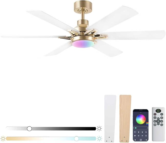 52in Ceiling Fans with Lights RGB Ceiling Fan with Light and Remote/APP Control,Low Profile Ceiling Fans with Lights for Bedroom,Living Room,Kids Room,3CCT Dimmable Modern Ceiling Fan, 8 Speeds,white