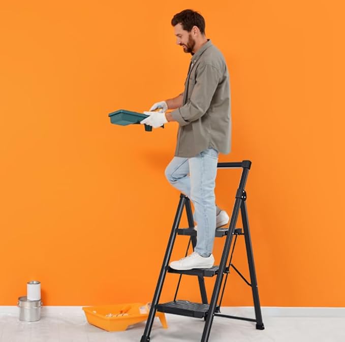 KINGRACK Step Ladder 3 Step Folding, 900lbs 3 Step Ladder with Non-Skid Wide Pedal and Handrails, Lightwight Household Ladder, Sturdy Step Stool, for Your Kitchen, Closets, Office Use, Garage, Black