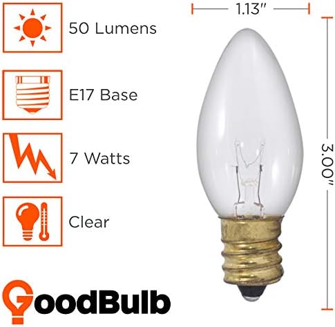 GoodBulb 7-Watt C9 Clear Holiday Light Bulbs Clear Incandescent Intermediate E17 Base 50 Lumens Warm White Color Christmas Holiday Decorations Pack of 25 Bulbs