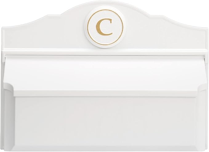 Whitehall Custom Wall Mount Mailbox Package - Mail Box with Monogram, Sand Cast Aluminum, Classic Design White Personalized in Goldtone