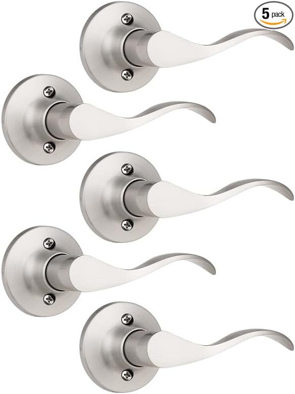 Mengico 5 Pack Satin Nickel Dummy Door Lever, Single Right Side Door Handle for Closets, Non-Turning Pull Only Lever Set, Wave Style Interior Door Knob