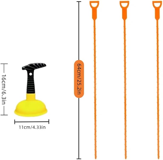 Sink Plunger with 3 Drain Clog Remover Tools – Compact Manual Plunger and Flexible Drain Snakes for Unclogging Bathroom, Kitchen, and Shower Drains