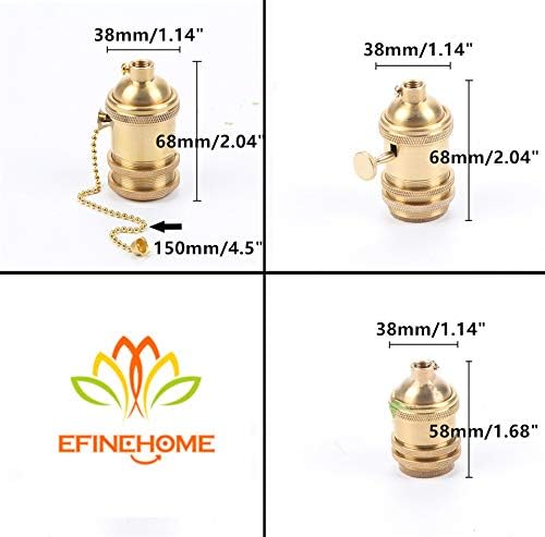 2 Pack Solid Brass Light Socket with 2 Socket Rings, Pull-Chain Version Supplies for Handmade Lighting, Lamps, Pendants etc (Natural Brass-Pull Chain)