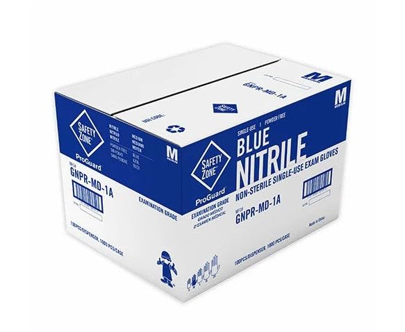 The Safety Zone GNPR-MD-1A Powder Free Blue Nitrile Gloves, Medium, Case of 1.000