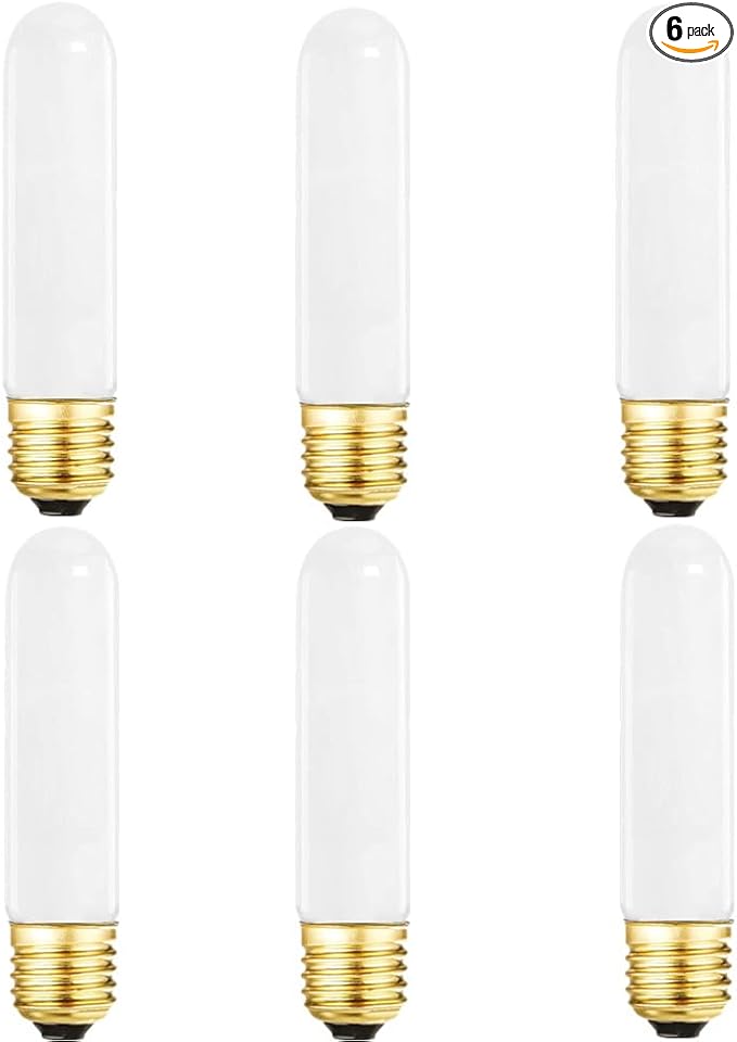 SCOMX 25 Watt T10 Frost Tubular Incandescent Light Bulb, Showcase Lamp, 2700K Soft White, E26 Medium Base, 280 Lumens, 120V (6)