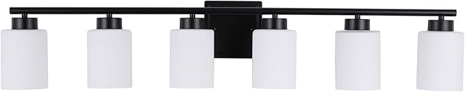 6 Light Bathroom Light Fixtures, 40 Inches Vanity Lights for Mirror, Black Vanity Lighting Fixtures with Milky White Glass Shades