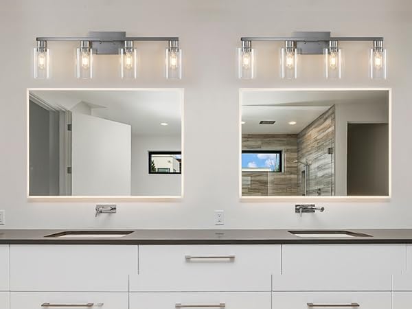 4 Light Bathroom Light Fixtures, Brushed Nickel Modern Bathroom Vanity Light with Clear Glass Shade, Bathroom Lighting Fixtures Over Mirror, Vanity Lights for Bathroom Mirror