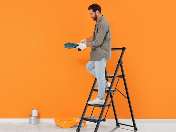 KINGRACK Step Ladder 4 Step Folding, 900lbs 4 Step Ladder with Anti-Slip Wide Pedal and Handrails, Lightwight Household Ladder, Pass 900LBS Testing, for Your Kitchen, Pantry, Closets, Office Use