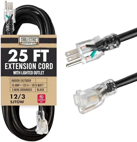 25 Ft Black Oil Resistant Extension Cord for Farms & Ranches - 12/3 SJTOW Heavy Duty 12 Gauge Outdoor Cable with 3 Prong Grounded Plug, 15 AMP
