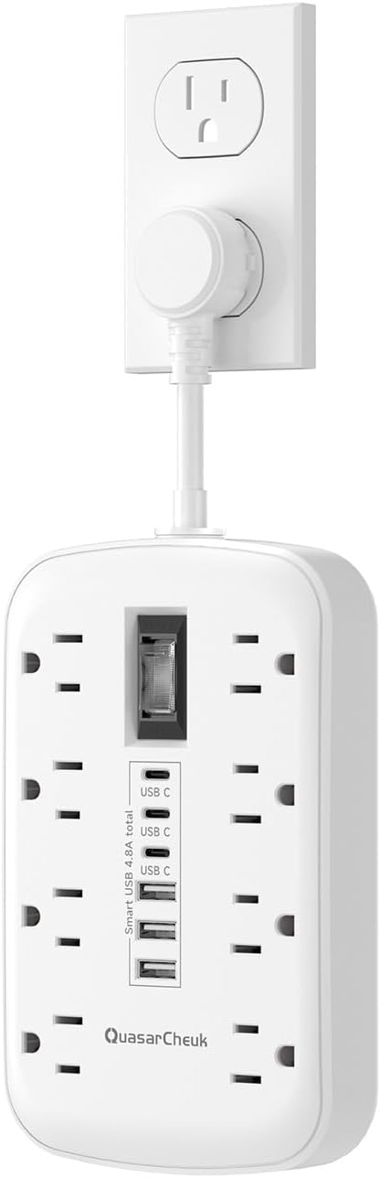 Short Extension Cord 2 inch, Small Power Strip Flat Outlet Extender Surge Protector with 8 AC Outlets 6 USB (5V/4.8A 24W), Mini Extension Cord Flat Wall Plug for Home Office Dorm Kitchen Bathroom