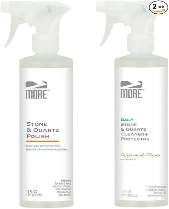 MORE - Twin Pack - Includes Stone & Quartz Cleaner + Polish - Granite, Quartz & Marble Cleaner & Polish - For Kitchen & Bathroom Countertops - Pack of 2 16oz Sprays - Peppermint-Thyme