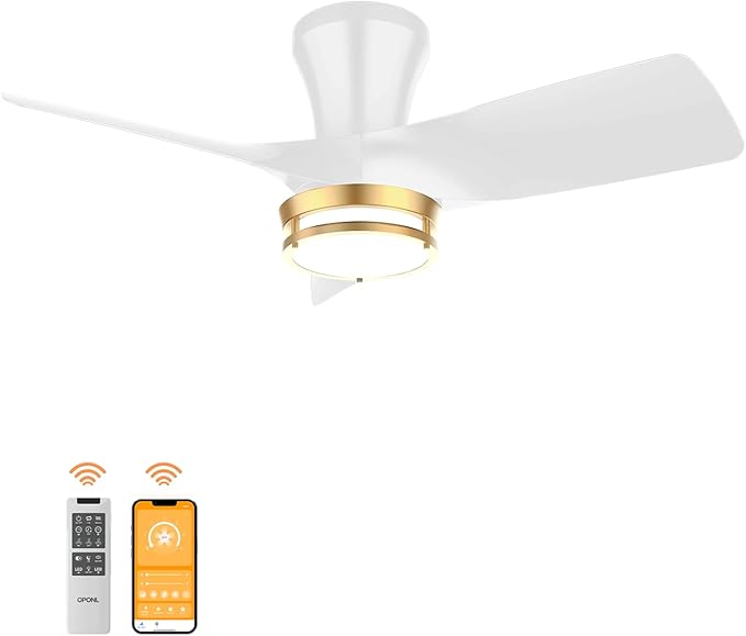 30" White low profile Ceiling Fan with Light, with Gold Trim Ring, Large Air Volume, flush mount ceiling fan for Bedroom Kitchen Dining room Patio
