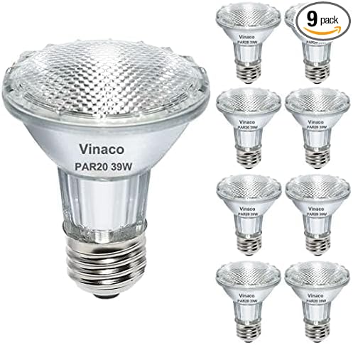 Vinaco 9PCS Eco Halogen Light Bulb, 39W PAR20 Warm White, Dimmable, 480 Lumens, 3000K, 120V, E26 Medium Base, 40° Flood Beam Angle, Track Lights, Indoor