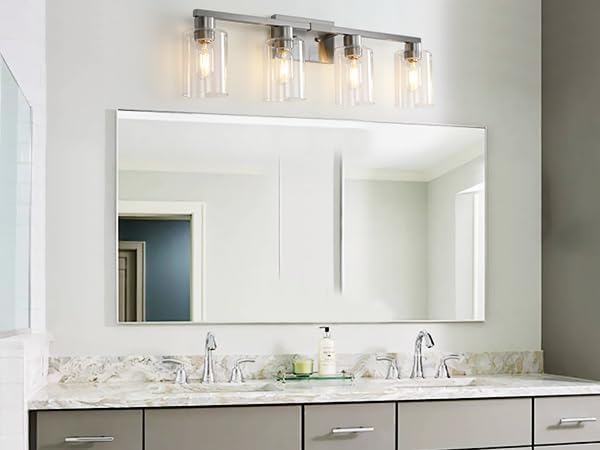 4 Light Bathroom Light Fixtures, Brushed Nickel Modern Bathroom Vanity Light with Clear Glass Shade, Bathroom Lighting Fixtures Over Mirror, Vanity Lights for Bathroom Mirror