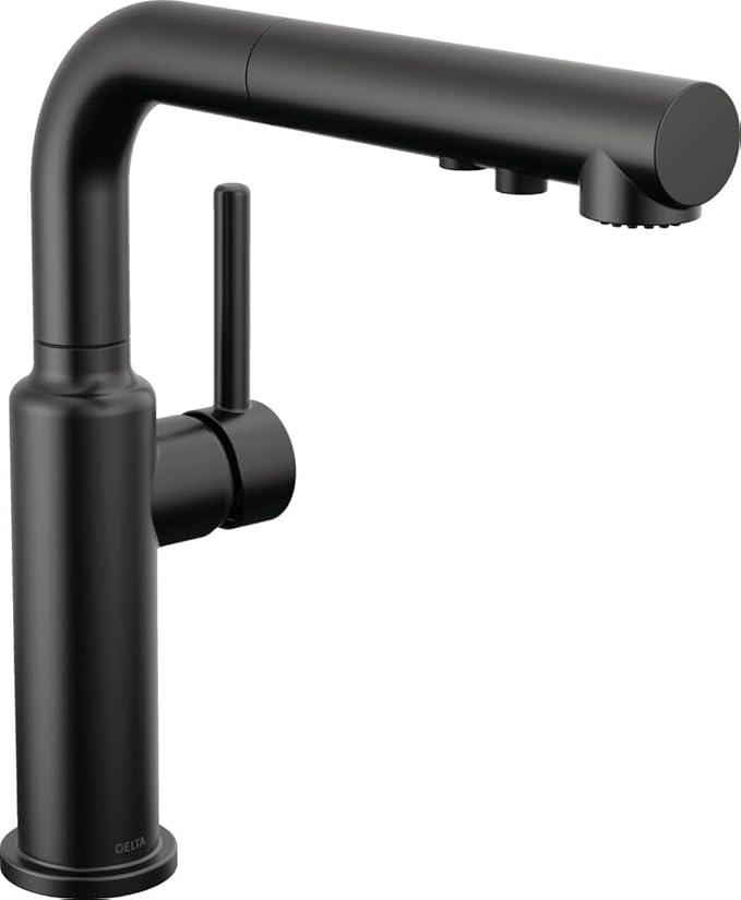 Delta Daneri Matte Black Kitchen Faucet with Pull-Out Sprayer, Modern Single Hole Kitchen Sink Faucet, Single Handle, Matte Black 16879-BL-DST