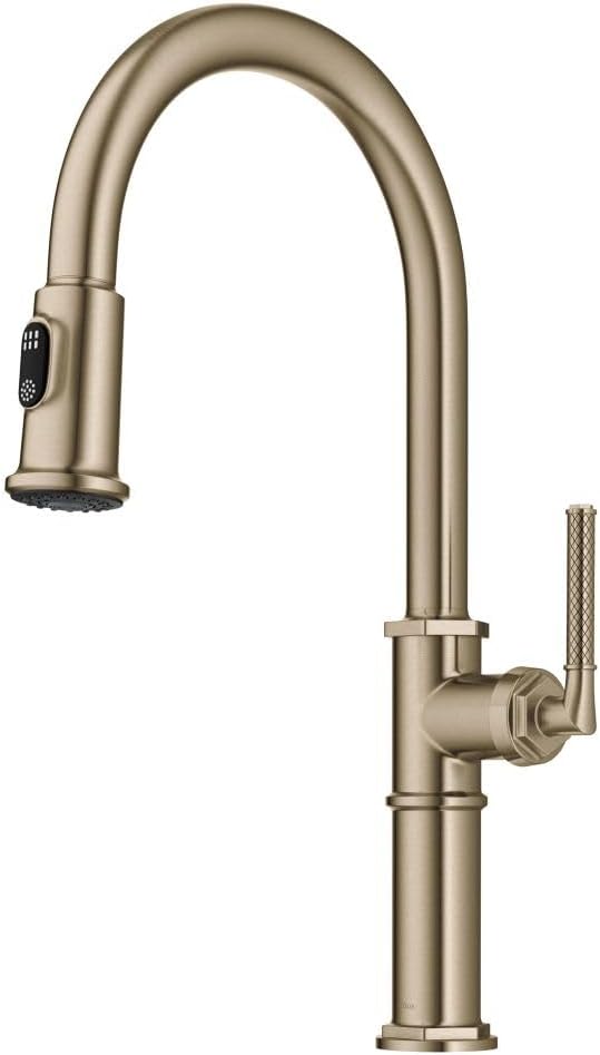 KRAUS Allyn Traditional Industrial Pull-Down Single Handle Kitchen Faucet in Brushed Gold, KPF- 4100BG