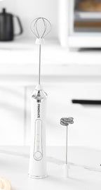 Rechargable Milk Frother, Handheld Drink Mixer with Whisk Attachment, 2025 upgraded, powerfull 3 speed motor, Type C charging with charge light, with extra egg mix head (White without Stand)