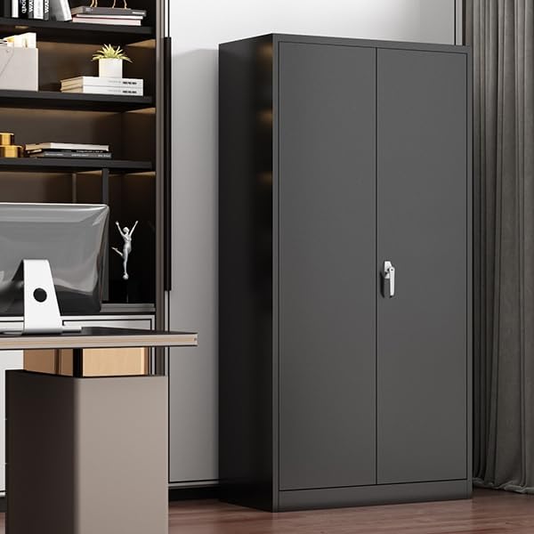 Black Metal Storage Cabinet with Door, Locking Steel Cabinet with 4 Adjuestable Shelves, Tall Lockable Garage Tool Storage Cabinet for Home, Office, Pantry, Assembly Required