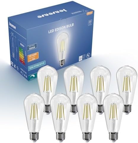 Jensense Edison LED Light Bulbs 8Watt Dimmable Light Bulbs 5000K Daylight White, E26 LED Bulb 60watt Equivalent, Vintage Bulbs 800lm CRI 90 Clear Glass 8 Packs