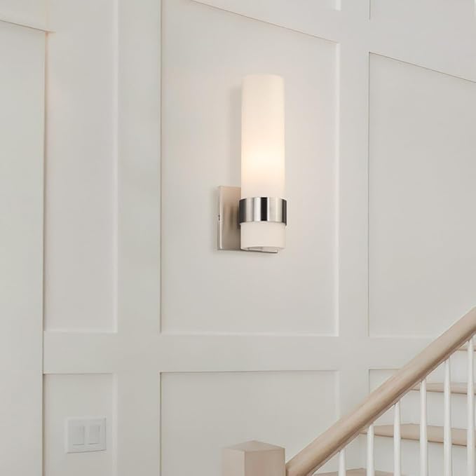 XiNBEi Lighting Wall Light ADA Wall Sconce with Opal Cylinder Glass in Brushed Nickel, Bathroom Vanity Light for Living Room & Corridor XB-W1185-BN