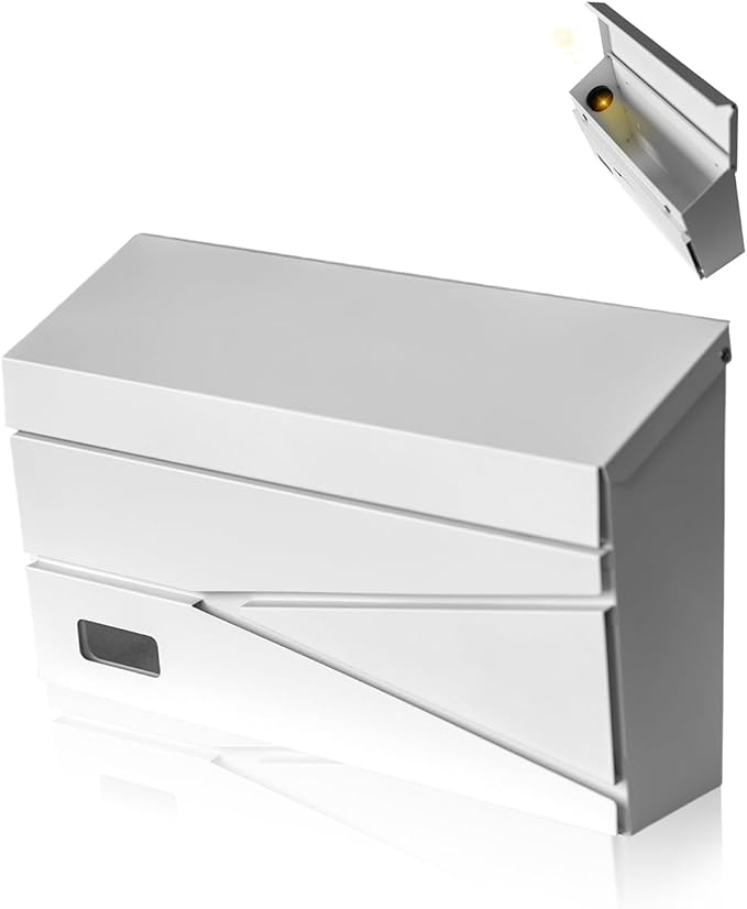Wall Mount Mailbox, Large Capacity Mailbox for House, Visibility Galvanized Steel Rust-Proof Metal Post Box Drop, Mailboxes for Outside, 15.74"×9.84"×4.33" Solar Lanterns White