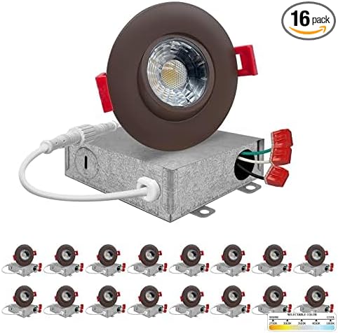 NUWATT | 16 Pack | Bronze 3 Inch Round Adjustable LED Ceiling Light Gimbal Recessed Lighting Dimmable Canless Light 5CCT 2700K | 3000K | 3500K | 4000K | 5000K 8W 600 Lumens IC-Rated Wet Rated 120V