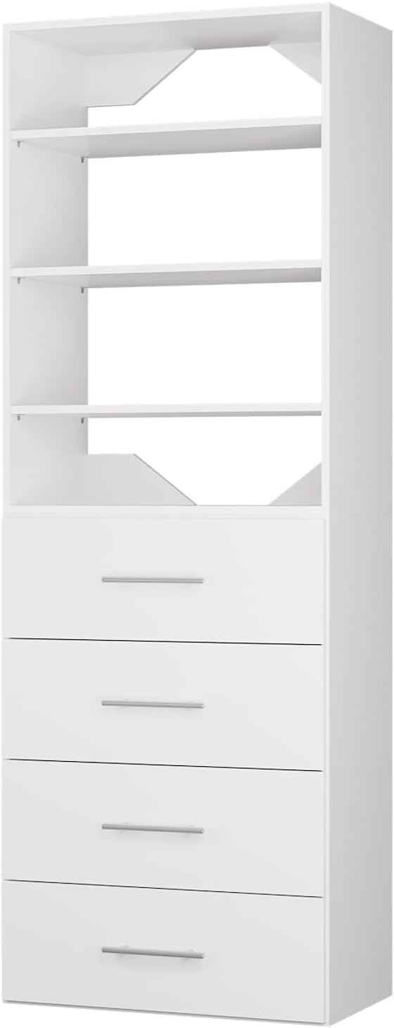 ROOMTEC Modular Closet System, 25.5" 4 Drawer Shelf Closet Tower Wall-Mounted Closet Organizer, Wooden Tower for Walk-In Closets, Wardrobe Storage Kit, White