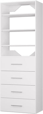 ROOMTEC Modular Closet System, 19.5" 4 Drawer Shelf Closet Tower Wall-Mounted Closet Organizer, Wooden Tower for Walk-In Closets, Wardrobe Storage Kit, White