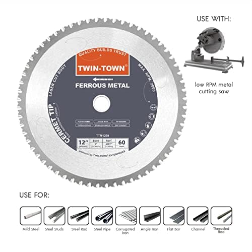 TWIN-TOWN 12-Inch 60 Teeth Steel and Ferrous Metal Cermet Saw Blade with 1-Inch Arbor