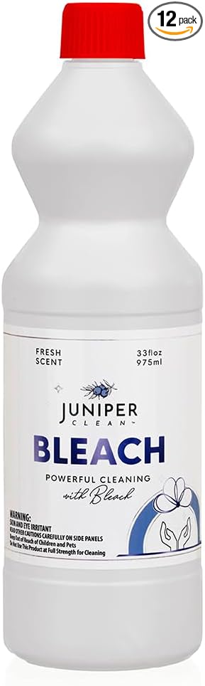 Juniper, 33 Fl Oz Liquid Bleach for Bright Whites, Fresh Scent Surface Cleaner for Bathroom, Kitchen, All Purpose Cleaner with Bleach (Pack of 12), Total 396 Ounce