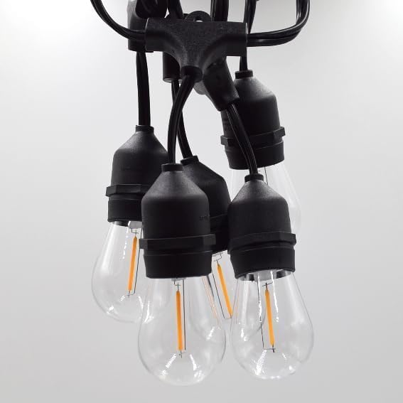 Hometown Evolution, Inc. E26 Outdoor Commercial String Lights with Suspended Socket for Weatherproof Heavy Duty Vintage Outside Lighting (S14 LED Plastic, 24 Foot 12 Socket)