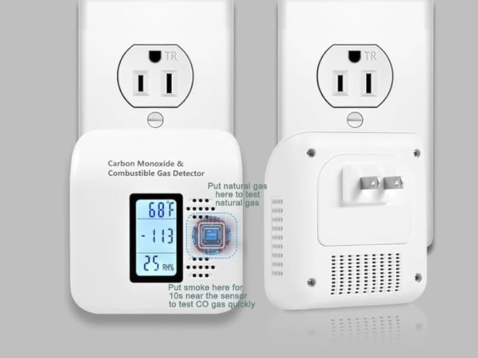 4-in-1 Carbon Monoxide Detectors & Natural Gas Detector, Portable CO Detectors Plug in with Temperature & Humidity Display, Ideal for Travel, Hotel, RV, Home – White, 1 Pack