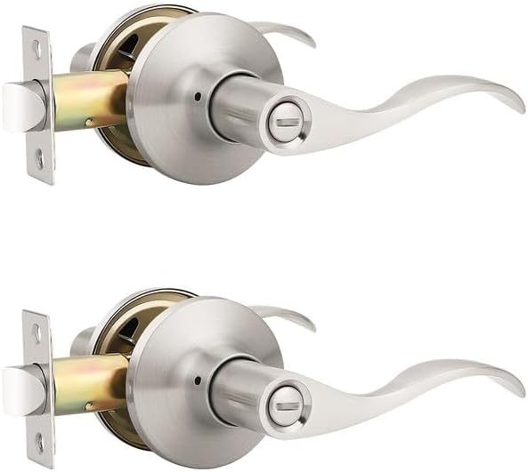 Mengico 2 Pack Satin Nickel Privacy Door Lever, Modern Interior Door Knobs Locks for Bedroom and Bathroom, Heavy Duty Door Handle, Reversible Wave Lever Handle