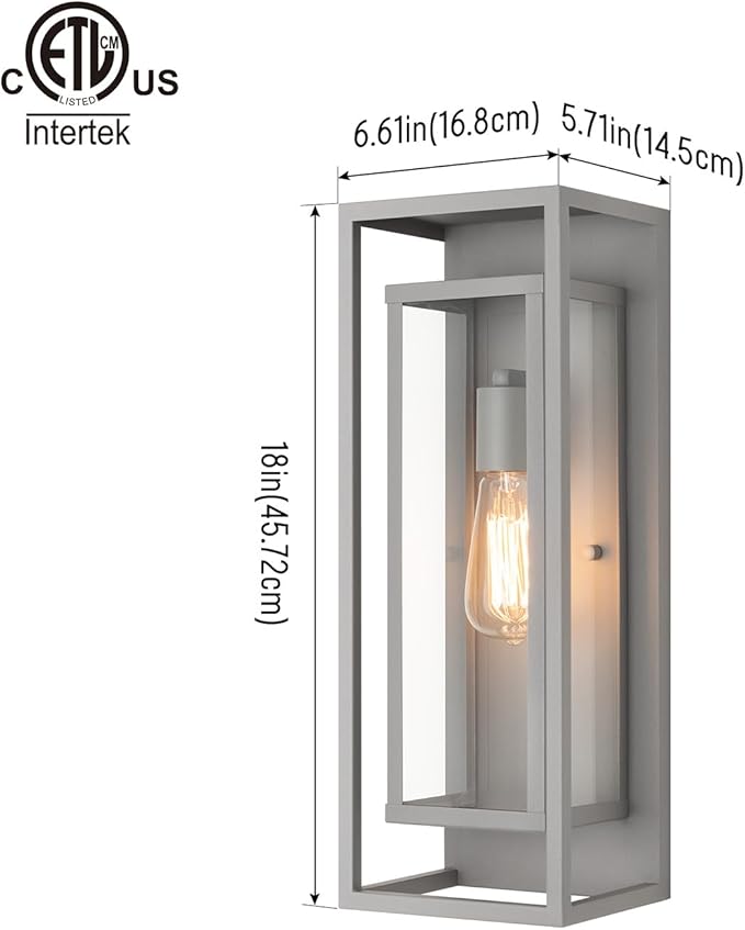 mirrea 18" Classic Outdoor Wall Sconce 1 Light in Rectangular Metal Frame and Clear Glass Shade Waterproof Porch Light Patio Light Pack of 2 (Matte Gray)