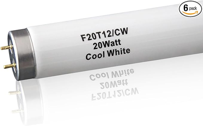 (6Pack) F20T12/CW 20 Watt Cool White 24Inch Fluorescent Light Bulbs,T12 20W 24 Inch Fluorescent Tube,4100K, Replacement for F20T12/CW/ALTO, F20T12/CW/ECO, F20T12/SP41/ECO,G13 Base,1400 Lumens