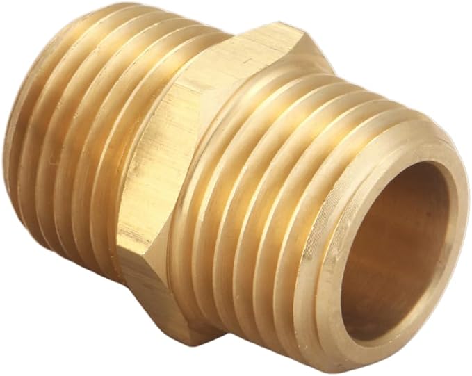 1/2 Inch x 1/2 Inch NPT Brass Hex Nipple Male Pipe Adapter, Thread 0.75" OD to 0.75" OD, (5 Piece)