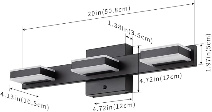 mirrea 20" LED Black Vanity Light 3000K/4000K/5000K CCT Adjustable 3 Light Bathroom Light Fixture Over Mirror